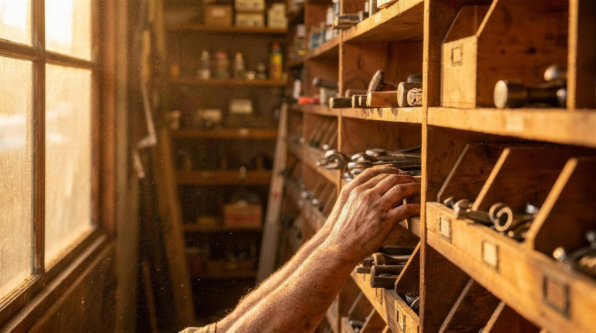 Artisan choisissant ses outils dans une allée de la droguerie