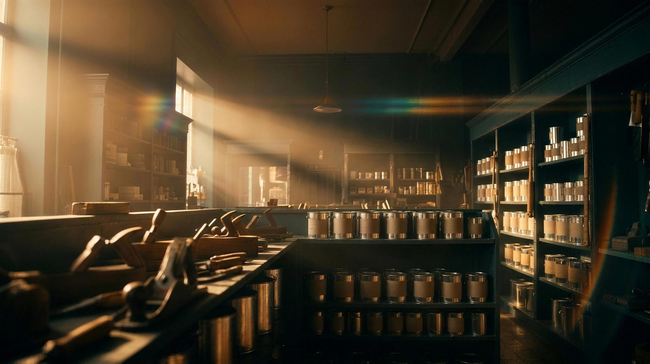 Intérieur de la droguerie, rayons de peinture et d'outillage