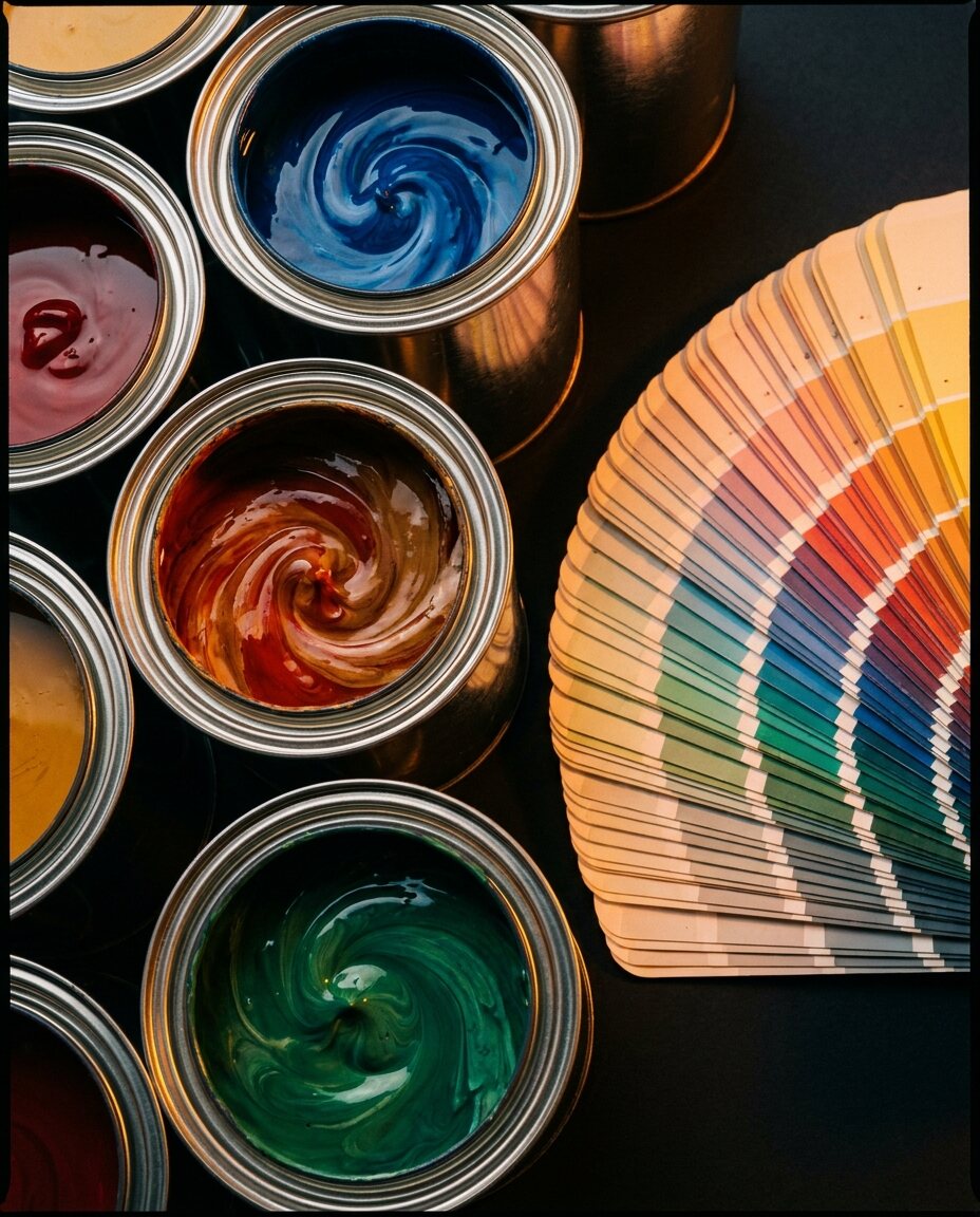 Pots de peinture ouverts et nuancier
