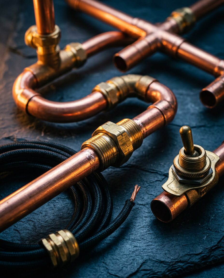 Tubes en cuivre, raccords en laiton et câbles électriques