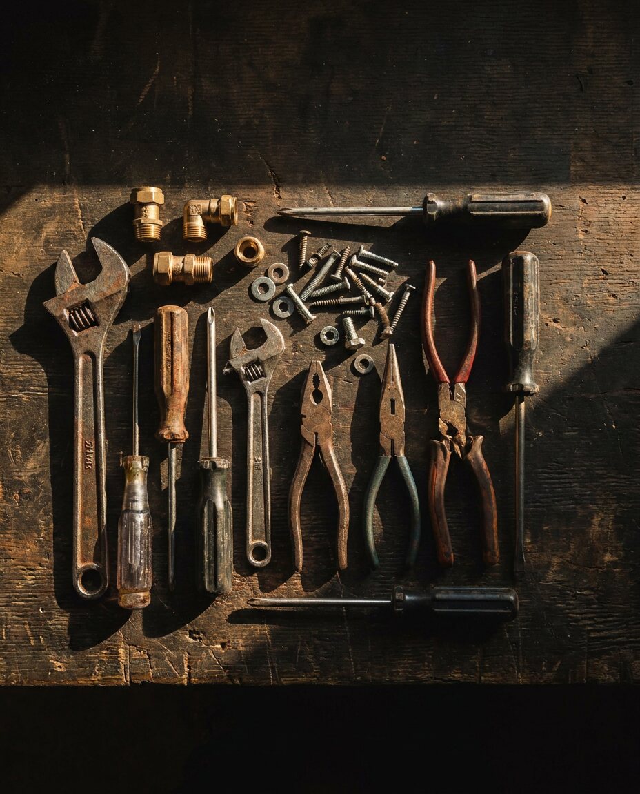 Outils à main disposés sur un établi